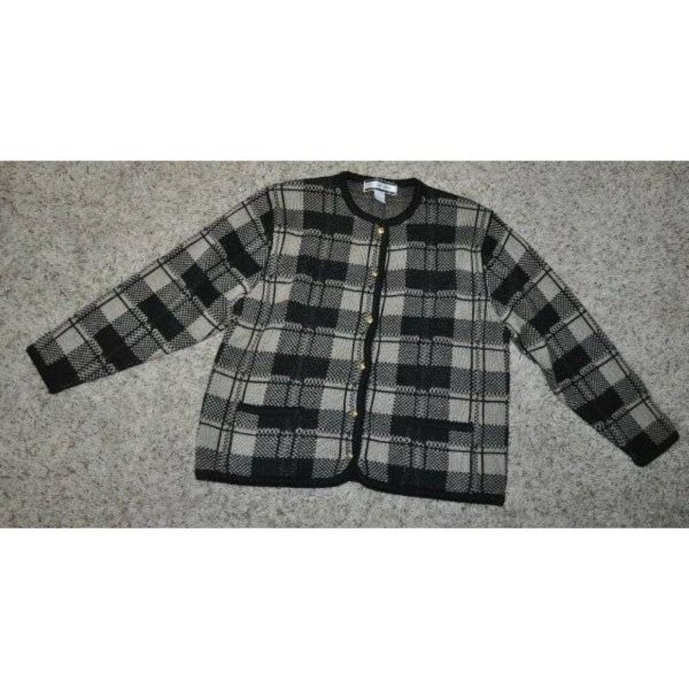 Womens Cardigan Sweater Large Black Plaid Button Up Heavy Crystal Kobe